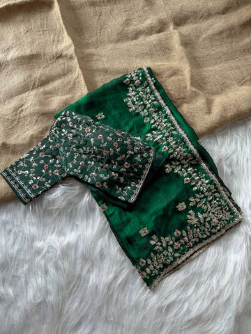 Bottle Green Pure Soft Fandy Satin Silk Saree with All-Over Floral Sequence Embroidery & Multi Border Aarco Work