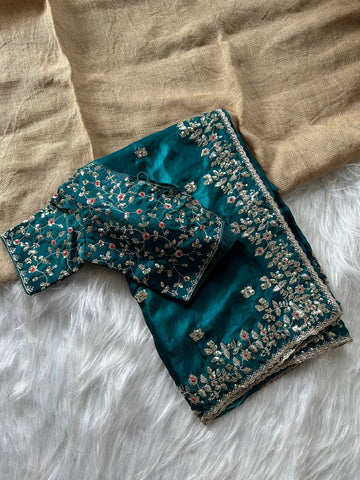Teal Pure Soft Fandy Satin Silk Saree with All-Over Floral Sequence Embroidery & Multi Border Aarco Work