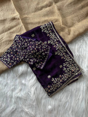 Deep Purple Pure Soft Fandy Satin Silk Saree with All-Over Floral Sequence Embroidery & Multi Border Aarco Work