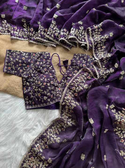 Deep Purple Pure Soft Fandy Satin Silk Saree with All-Over Floral Sequence Embroidery & Multi Border Aarco Work