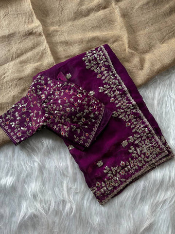 Wine Magenta Pure Soft Fandy Satin Silk Saree with All-Over Floral Sequence Embroidery & Multi Border Aarco Work