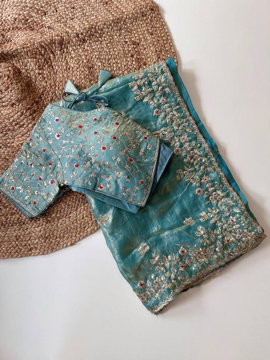 Sky Blue Pure Soft Fandy Satin Silk Saree with All-Over Floral Sequence Embroidery & Multi Border Aarco Work