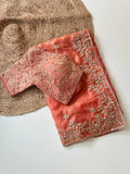 Coral Peach Pure Soft Fandy Satin Silk Saree with All-Over Floral Sequence Embroidery & Multi Border Aarco Work