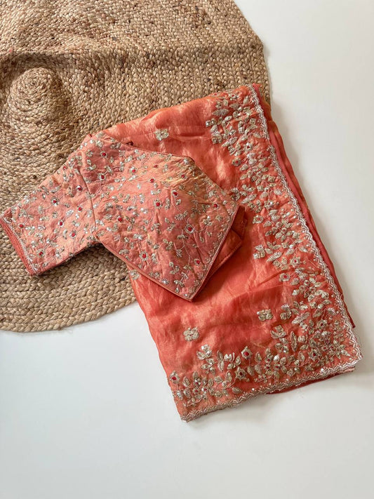 Coral Peach Pure Soft Fandy Satin Silk Saree with All-Over Floral Sequence Embroidery & Multi Border Aarco Work