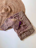 Taupe Mauve Pure Soft Fandy Satin Silk Saree with All-Over Floral Sequence Embroidery & Multi Border Aarco Work