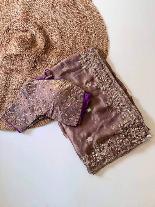 Taupe Mauve Pure Soft Fandy Satin Silk Saree with All-Over Floral Sequence Embroidery & Multi Border Aarco Work