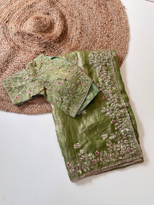 Mehendi Green Pure Soft Fandy Satin Silk Saree with All-Over Floral Sequence Embroidery & Multi Border Aarco Work