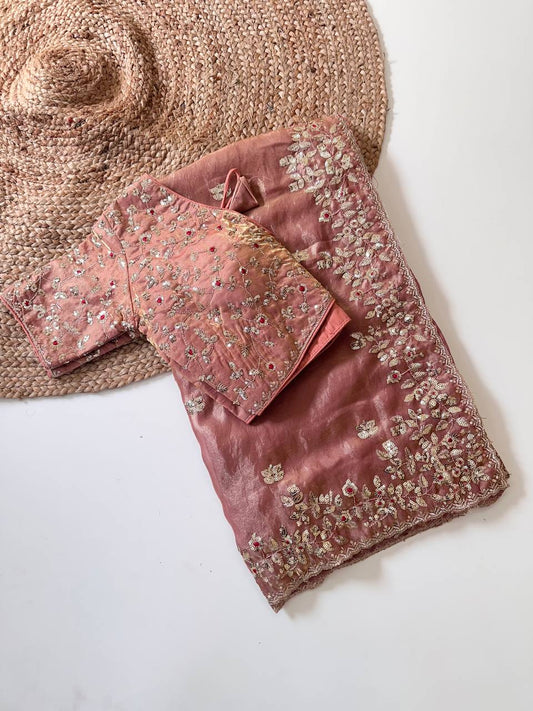Blush Pink Pure Soft Fandy Satin Silk Saree with All-Over Floral Sequence Embroidery & Multi Border Aarco Work