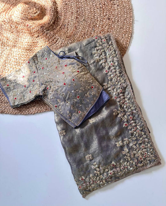 Ash Grey Pure Soft Fandy Satin Silk Saree with All-Over Floral Sequence Embroidery & Multi Border Aarco Work