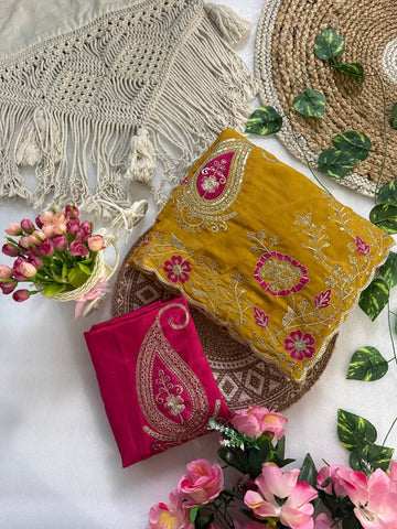 Mustard Yellow Pure Star Georgette Saree with Rani Pink Banglori Satin Embroidered Blouse