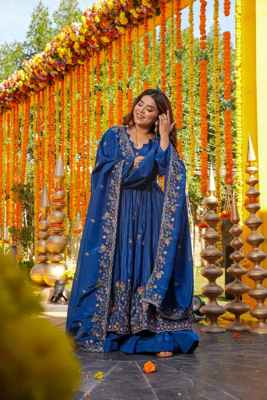 Blue Wedding Wear Embroidered Anarkali Suit Set for Women with Dupatta