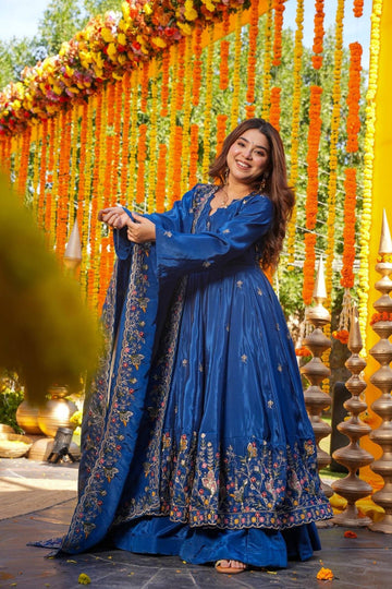 Blue Wedding Wear Embroidered Anarkali Suit Set for Women with Dupatta