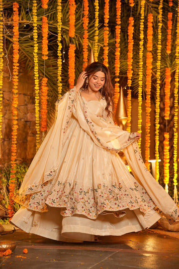 Cream Embroidered Anarkali Suit Set for Women - Natural Crep Silk with Dupatta
