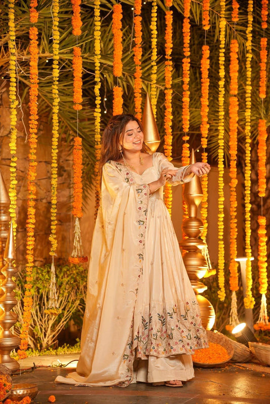 Cream Embroidered Anarkali Suit Set for Women - Natural Crep Silk with Dupatta