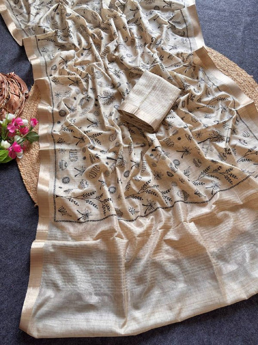 Beige Tussar Silk Saree with Black Village Art Print | Anarkali Suit