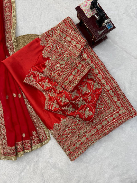 Bridal Red Japan Satin Saree with Heavy Embroidered Blouse Piece
