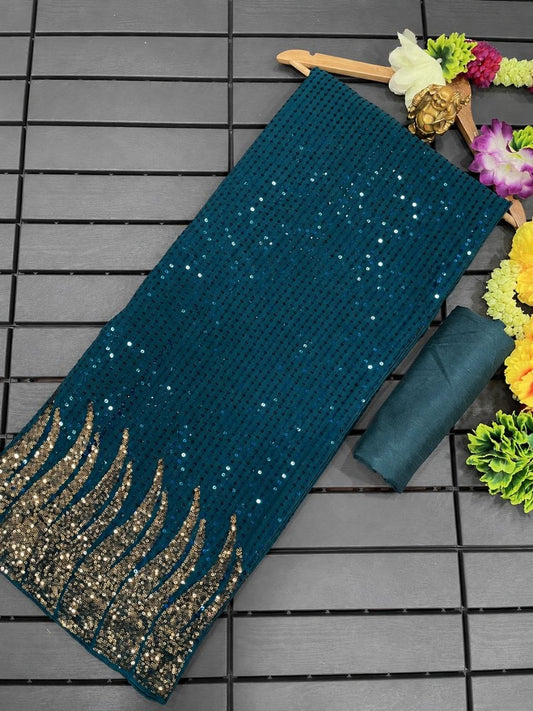 Teal Blue Georgette Designer Saree with Statement Gold Sequin Pallu