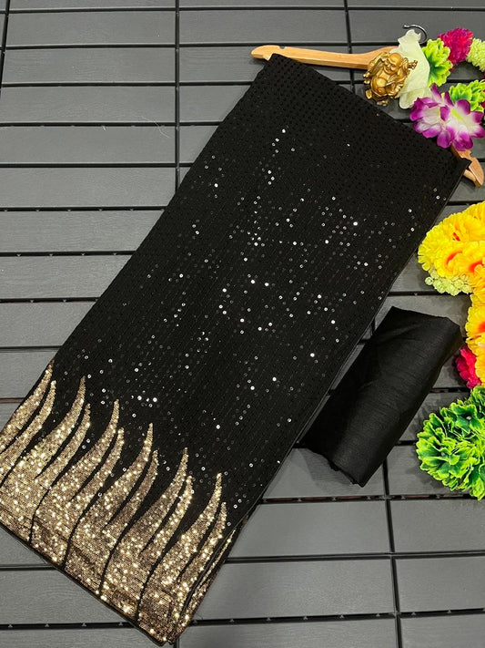 Cocktail Evening Black Georgette Saree featuring Heavy Golden Flame Sequin Work