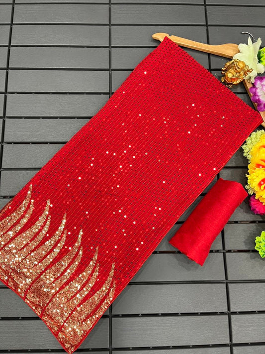 Bollywood Designer Red Georgette Saree with Heavy Gold Sequin Feather Border