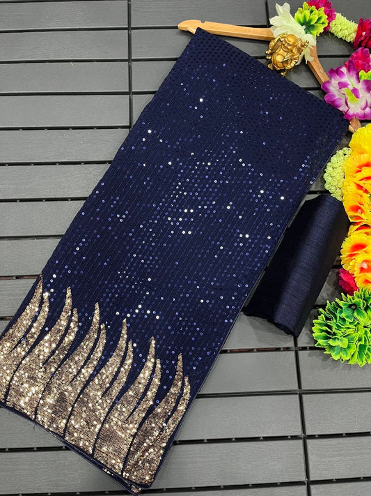 Party Wear Midnight Navy Blue Georgette Saree with Heavy Gold Sequin Flame Border