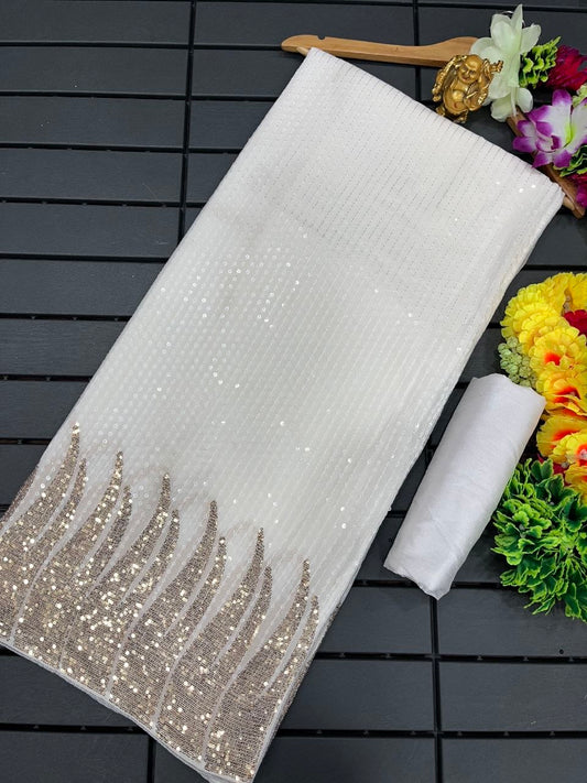 Pearl White Georgette Saree with Gold Sequin Feather Edge