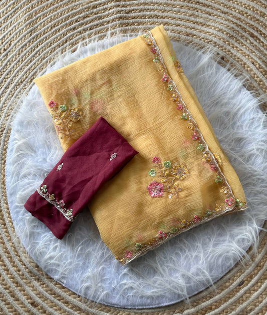Golden Sand Pure Soft Wari Chiffon Silk Saree with Floral Sequence Cutdana Embroidery & Multi Border Aarco Work