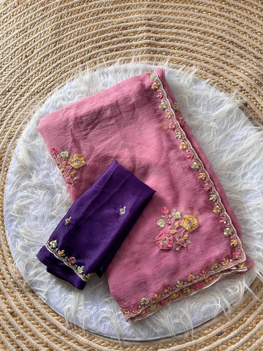 Rose Pink Pure Soft Wari Chiffon Silk Saree with Floral Sequence Cutdana Embroidery & Multi Border Aarco Work