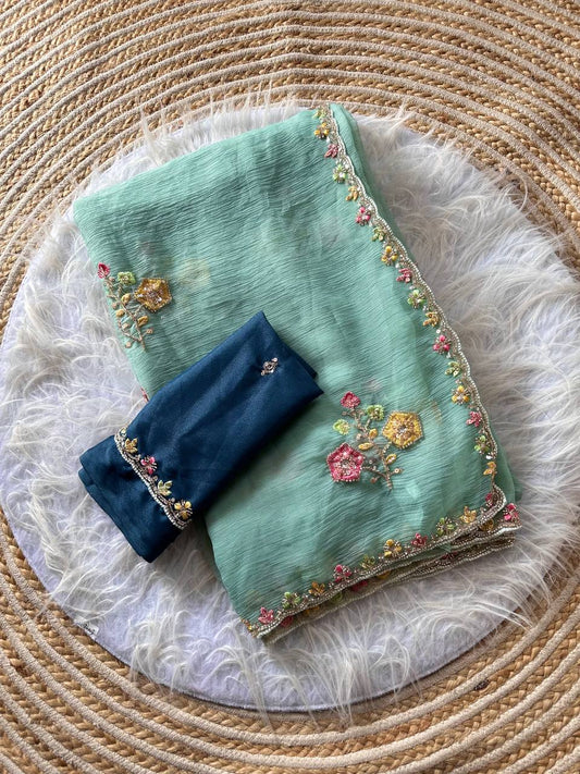Sea Green Pure Soft Wari Chiffon Silk Saree with Floral Sequence Cutdana Embroidery & Multi Border Aarco Work