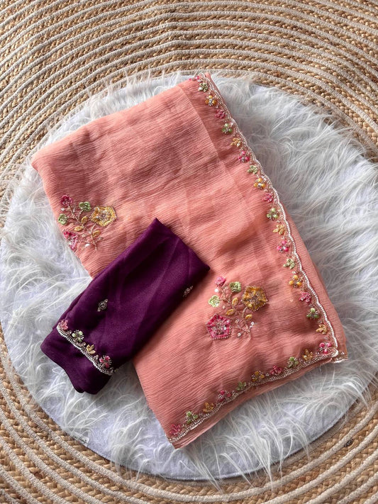 Salmon Peach Pure Soft Wari Chiffon Silk Saree with Floral Sequence Cutdana Embroidery & Multi Border Aarco Work