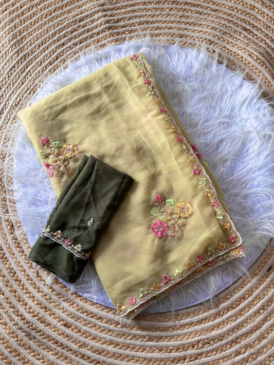 Ivory Gold Pure Soft Wari Chiffon Silk Saree with Floral Sequence Cutdana Embroidery & Multi Border Aarco Work