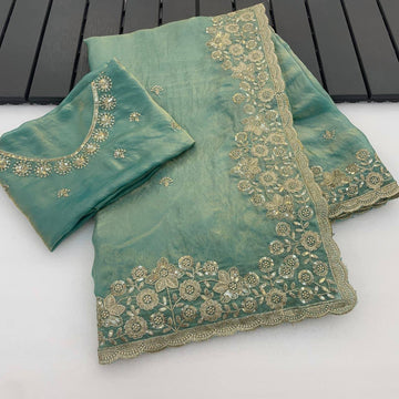 Sky Blue Premium Fancy Satin Saree with 3mm Sequence Embroidery & Arco Cutwork Border