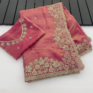 Pink Premium Fancy Satin Saree with 3mm Sequence Embroidery & Arco Cutwork Border
