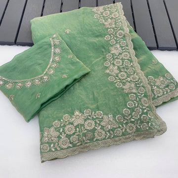 Pista Green Premium Fancy Satin Saree with 3mm Sequence Embroidery & Arco Cutwork Border