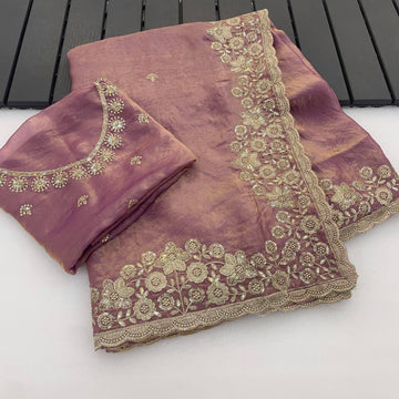 Mauve Pink Premium Fancy Satin Saree with 3mm Sequence Embroidery & Arco Cutwork Border