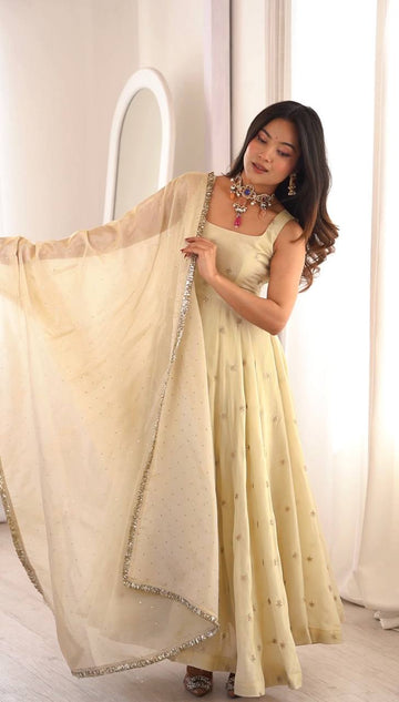 Piya Ivory Gold Embroidered Anarkali Suit Set for Women with Dupatta