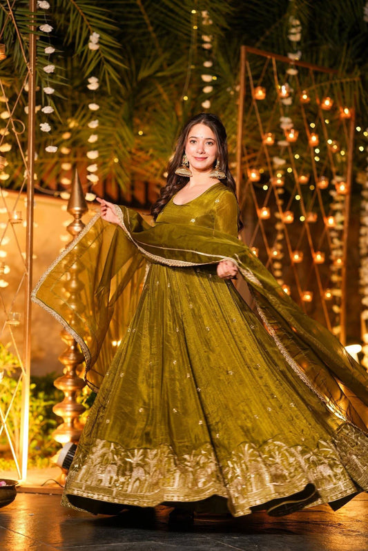 Mehendi Green Anarkali Suit Set for Women - Crunchy Silk with Dupatta