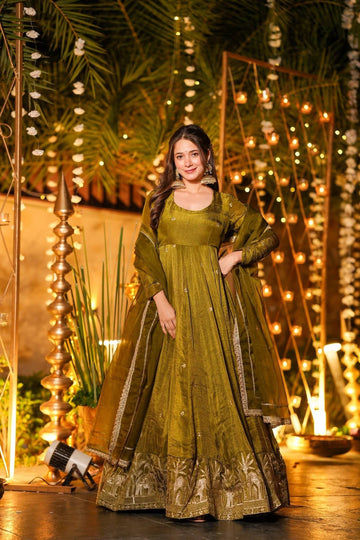 Mehendi Green Anarkali Suit Set for Women - Crunchy Silk with Dupatta