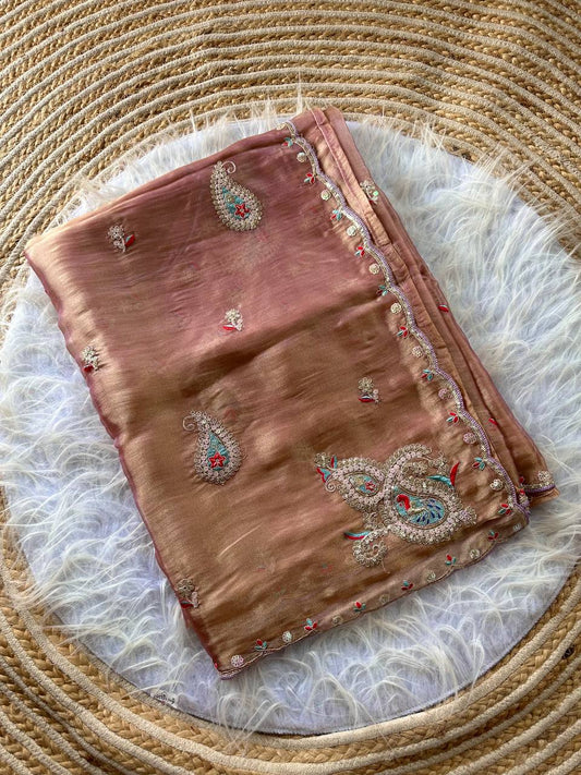 Dusty Peach Super Soft Simmer Tissue Saree with Codding Sequins Embroidery & Peacock Paisley Butta