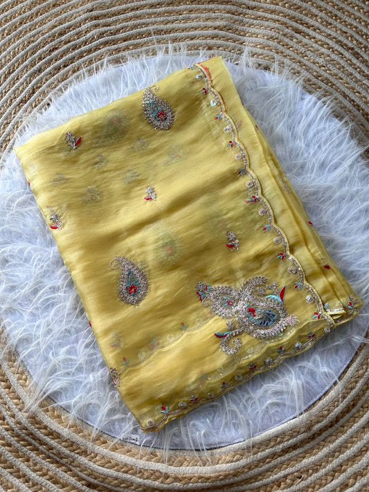 Yellow Super Soft Simmer Tissue Saree with Codding Sequins Embroidery & Peacock Paisley Butta