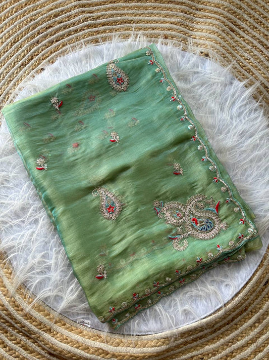 Pista Green Super Soft Simmer Tissue Saree with Codding Sequins Embroidery & Peacock Paisley Butta