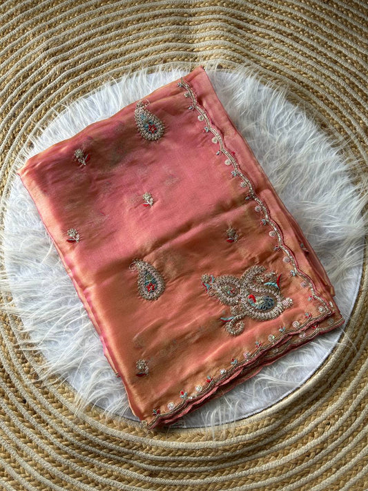 Coral Pink Super Soft Simmer Tissue Saree with Codding Sequins Embroidery & Peacock Paisley Butta