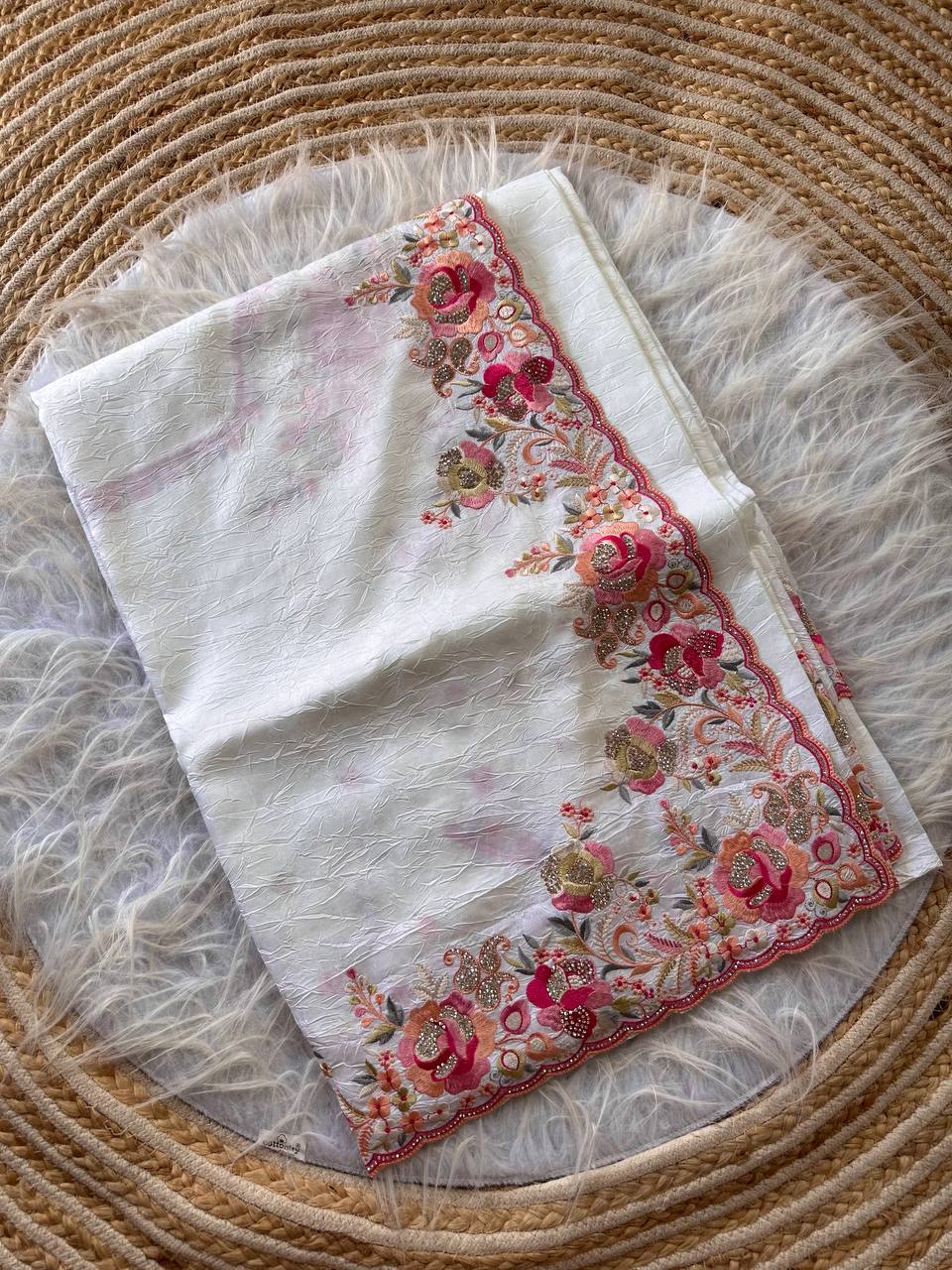 White Gulbano Pure Silky Crush Saree with Multicolor Viscose Embroidery & Italian Jarkhan Diamonds