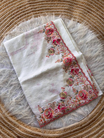 White Gulbano Pure Silky Crush Saree with Multicolor Viscose Embroidery & Italian Jarkhan Diamonds