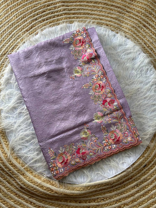 Lavender Gulbano Pure Silky Crush Saree with Multicolor Viscose Embroidery & Italian Jarkhan Diamonds