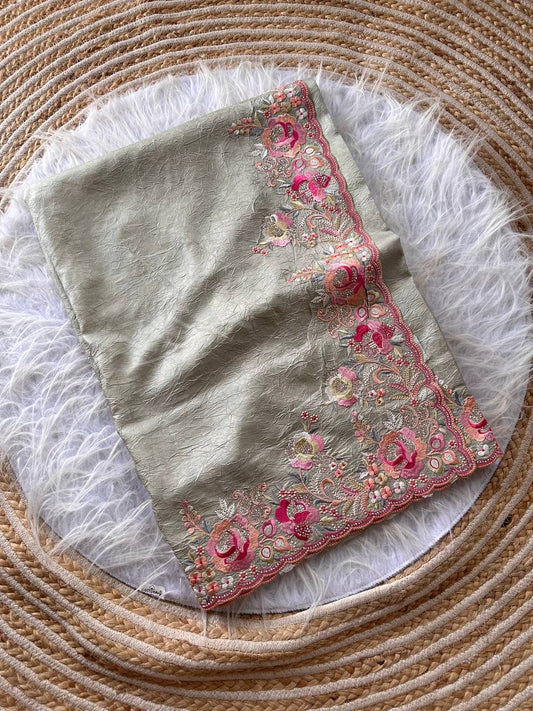 Sage Green Gulbano Pure Silky Crush Saree with Multicolor Viscose Embroidery & Italian Jarkhan Diamonds