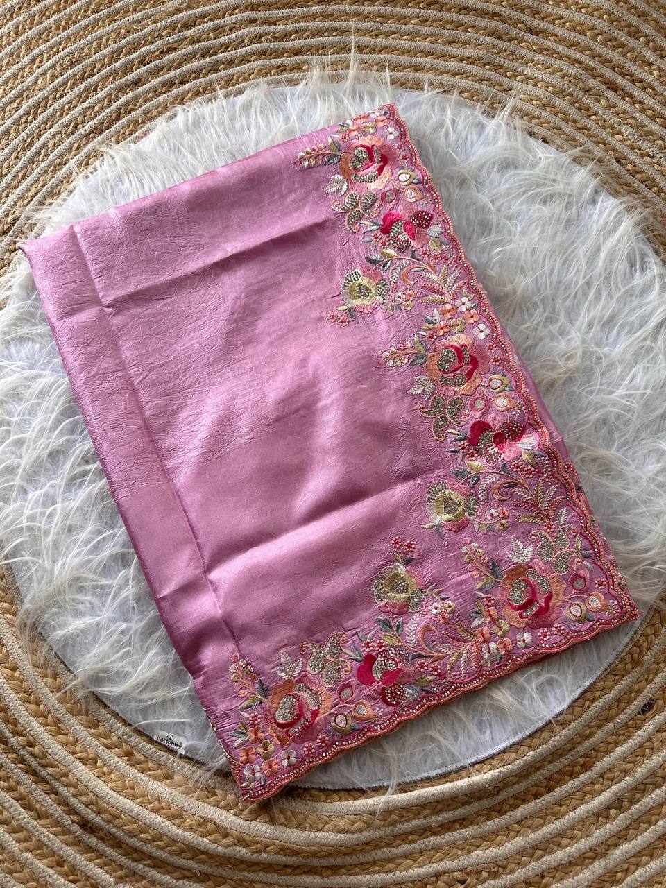 Pink Gulbano Pure Silky Crush Saree with Multicolor Viscose Embroidery & Italian Jarkhan Diamonds