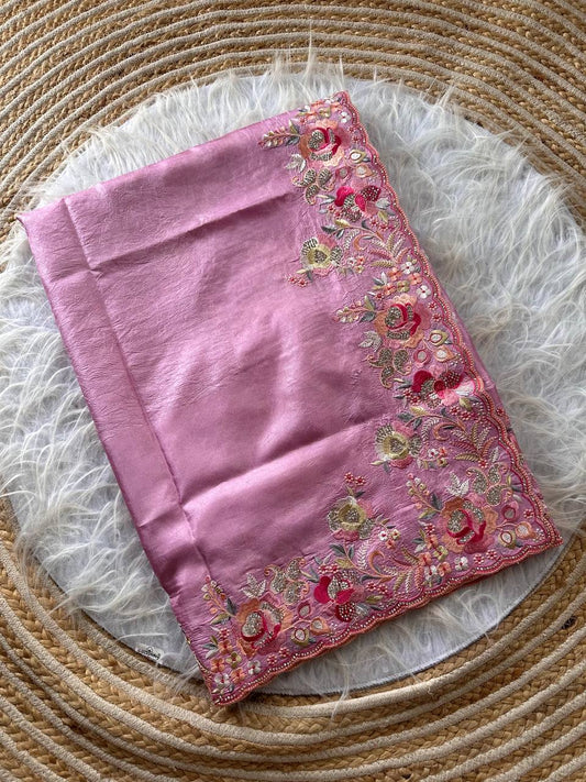 Pink Gulbano Pure Silky Crush Saree with Multicolor Viscose Embroidery & Italian Jarkhan Diamonds