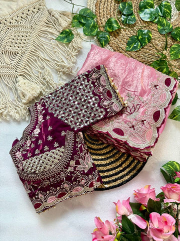 Dusty Pink Pure Fancy Satin Saree with Wine Maroon Real Mirror Stitched Blouse