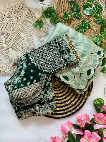 Pista Green Pure Fancy Satin Saree with Emerald Green Real Mirror Stitched Blouse