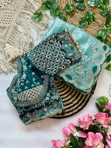 Sea Green Pure Fancy Satin Saree with Peacock Blue Real Mirror Stitched Blouse